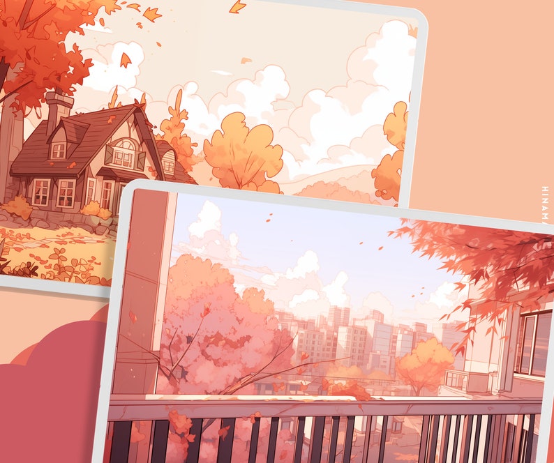 May include: A digital illustration of a cityscape with a balcony overlooking the scene. The balcony is made of wood and has a metal railing. The cityscape is made up of buildings with red roofs and windows. The sky is blue with white clouds. The trees are a vibrant orange and red.