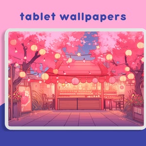 May include: A digital illustration of a pink and white shop front with cherry blossom trees and lanterns. The shop front has a red roof and a sign that says "tablet wallpapers".