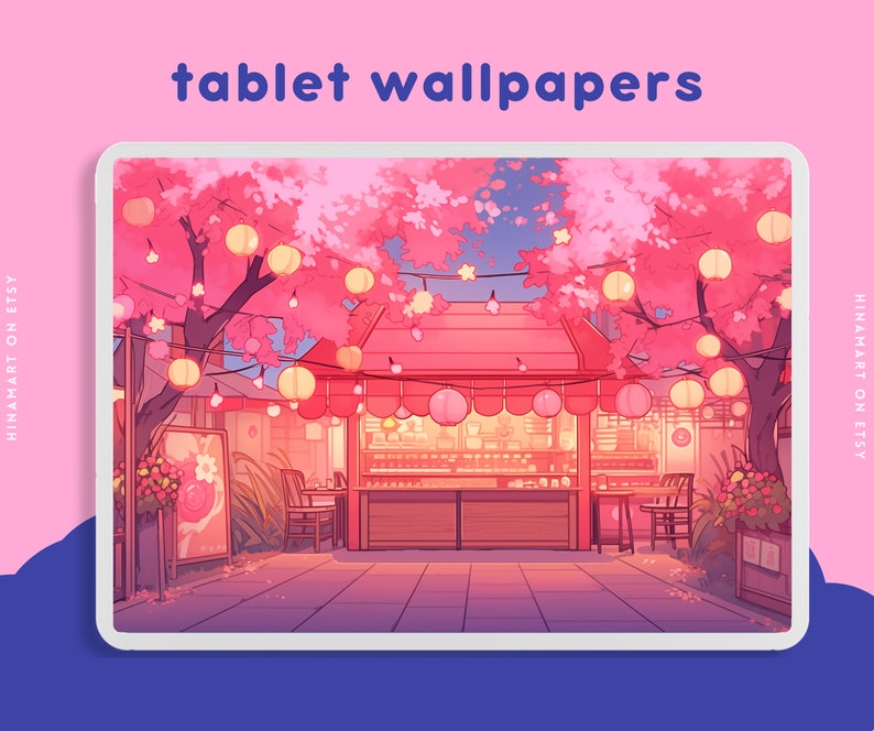 May include: A digital illustration of a pink and white shop front with cherry blossom trees and lanterns. The shop front has a red roof and a sign that says "tablet wallpapers".