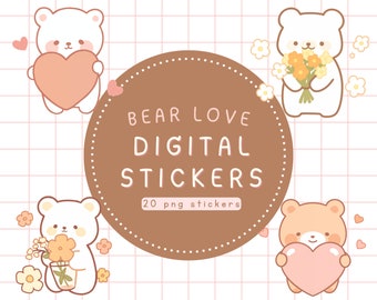 Digital sticker pack cute bears stickers for goodnotes, digital notebook, digital journal, bear love aesthetic kawaii animal stickers png