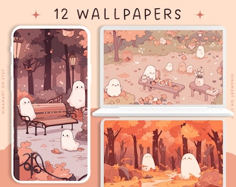 Cute ghosts wallpaper cozy autumn wallpapers kawaii lofi fall wallpaper desktop bundle pack spooky wallpaper phone wallpaper background