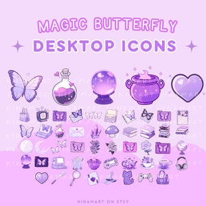 May include: A set of 30 purple and white desktop icons featuring a magical butterfly theme. The icons include a cauldron, a crystal ball, a potion bottle, a heart, a moon, a butterfly, a book, a folder, a laptop, a teacup, a cat, a game controller, a paintbrush, a magnifying glass, a playing card, a witch's hat, and a backpack.