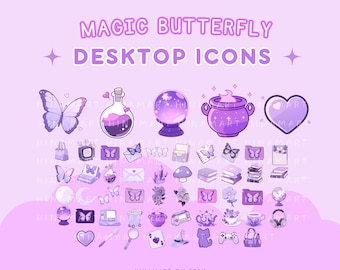 Purple Magic Butterfly Witchy Moth Desktop Icons Set Cute Desktop Organizer Icon Kawaii Cat Folder Icon Windows Mac Icons Aesthetic Flowers