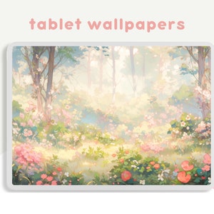 May include: A digital illustration of a forest scene with a path leading through the trees. The trees are a soft green and the path is lined with pink flowers. The background is a soft, hazy blue.