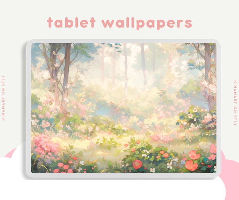 May include: A digital illustration of a forest scene with a path leading through the trees. The trees are a soft green and the path is lined with pink flowers. The background is a soft, hazy blue.