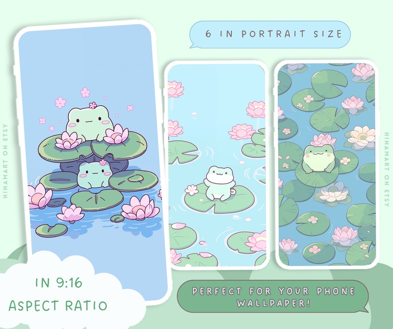 May include: Three green frogs sitting on lily pads in a pond with pink flowers. The background is a light blue sky. The image is 6 inches in portrait size and has an aspect ratio of 9:16. The text "HINAMART ON ETSY" is in the top right corner of the image.