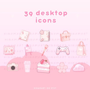 May include: A collection of 39 pink desktop icons, including a notebook, purse, TV, paintbrush, game controller, shopping bag, camera, coffee cup, cake, flower, and cloud. The text "39 desktop icons" is displayed at the top. The image has a pink background.