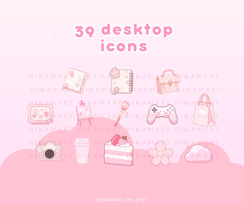 May include: A collection of 39 pink desktop icons, including a notebook, purse, TV, paintbrush, game controller, shopping bag, camera, coffee cup, cake, flower, and cloud. The text "39 desktop icons" is displayed at the top. The image has a pink background.