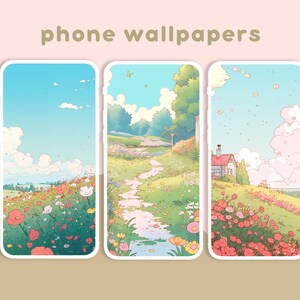 May include: Three phone wallpapers featuring a whimsical landscape with a path leading through a field of flowers. The first wallpaper has a blue sky with clouds, the second has a path leading through a field of flowers, and the third has a small house in the distance.