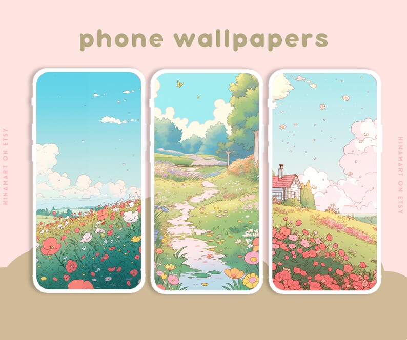 May include: Three phone wallpapers featuring a whimsical landscape with a path leading through a field of flowers. The first wallpaper has a blue sky with clouds, the second has a path leading through a field of flowers, and the third has a small house in the distance.
