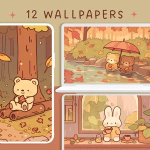Lindos fondos de pantalla de otoño, fondo de pantalla kawaii de otoño, fondo de escritorio lofi de oso y conejito, fondo de pantalla de lluvia, protector de pantalla acogedor, fondo de conejitos para teléfono