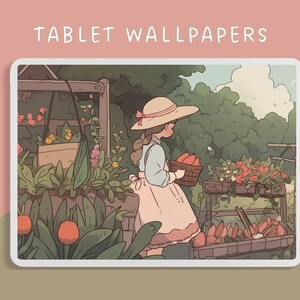 May include: A digital illustration of a girl with a straw hat holding a basket of red vegetables in a garden setting. The illustration is in a cartoon style with soft colors and outlines. The text "TABLET WALLPAPERS" is at the top of the image.