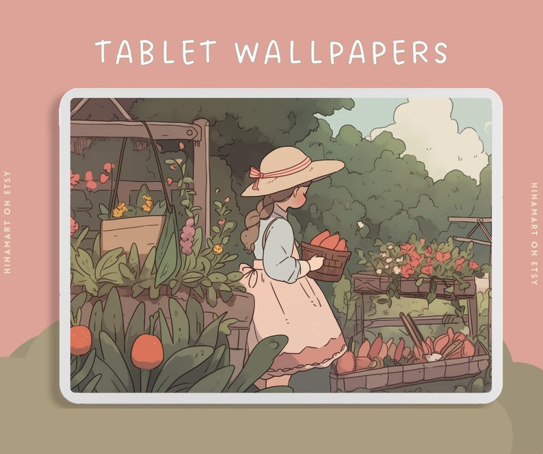May include: A digital illustration of a girl with a straw hat holding a basket of red vegetables in a garden setting. The illustration is in a cartoon style with soft colors and outlines. The text "TABLET WALLPAPERS" is at the top of the image.