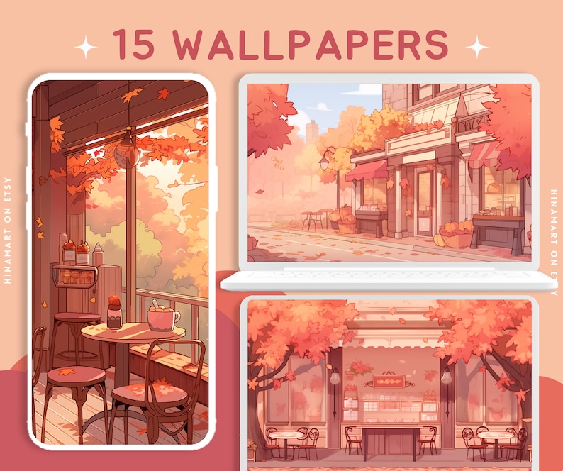 May include: Three digital illustrations of a cafe with autumn foliage. The first image shows a cafe interior with tables and chairs. The second image shows a cafe exterior with a red awning. The third image shows a cafe exterior with a red awning and a sign that says "15 WALLPAPERS".