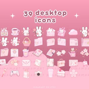 Sakura Bunny Lofi - Conjunto de fondos de pantalla para escritorio, iconos, organizador de escritorio rosa, flores kawaii, carpeta, fondo, paquete estético para Windows y Mac imagen 2