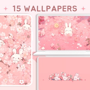 Rosa sakura Bunny frühling Tapete niedlich ästhetische Pastell Tapeten Hasen lofi Desktop Hintergrund 4k kawaii floral Desktop Hintergrund wunderlich