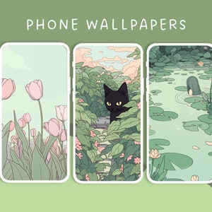May include: Three phone wallpapers featuring nature scenes. The first wallpaper shows a field of pink tulips with a light green background. The second wallpaper shows a black cat peeking out from behind green leaves. The third wallpaper shows a green pond with lily pads and a person swimming in the water.