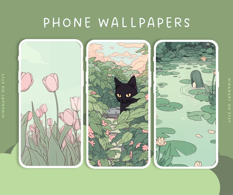 May include: Three phone wallpapers featuring nature scenes. The first wallpaper shows a field of pink tulips with a light green background. The second wallpaper shows a black cat peeking out from behind green leaves. The third wallpaper shows a green pond with lily pads and a person swimming in the water.