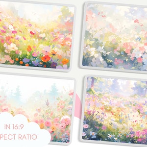 May include: A digital painting of a field of wildflowers in a soft, pastel color palette. The flowers are in various shades of pink, purple, blue, and yellow. The background is a soft, hazy blue.