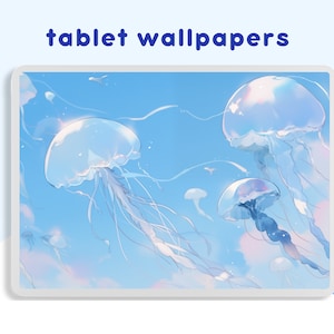 May include: A digital illustration of jellyfish swimming in a blue sky with white clouds. The jellyfish are translucent and have long, flowing tentacles. The text "HINAMART ON ETSY" appears on the left and right sides of the image.
