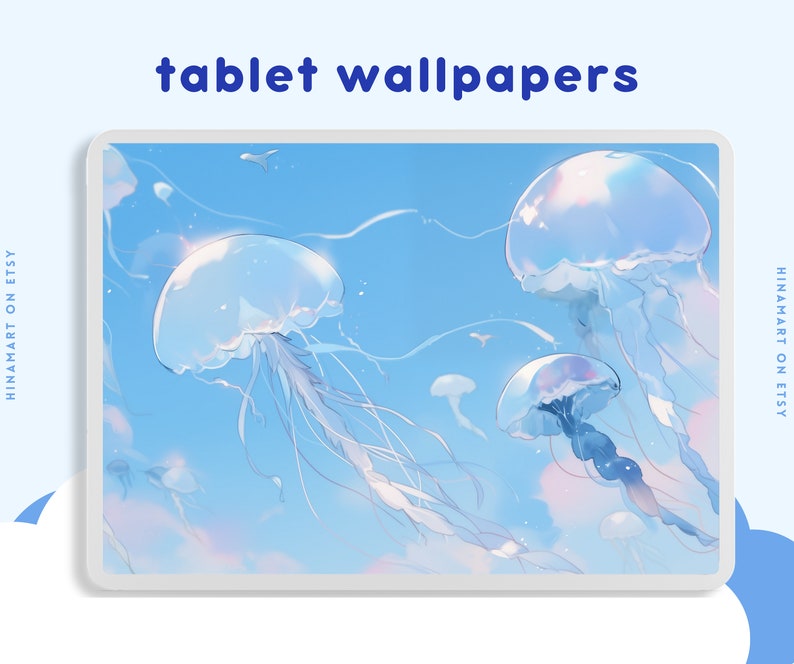 May include: A digital illustration of jellyfish swimming in a blue sky with white clouds. The jellyfish are translucent and have long, flowing tentacles. The text "HINAMART ON ETSY" appears on the left and right sides of the image.