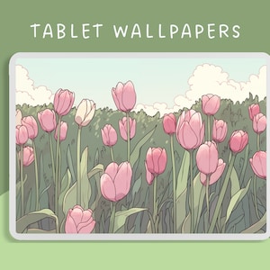 May include: A digital illustration of a field of pink tulips with green leaves and a blue sky with white clouds in the background. The image is suitable for use as a tablet wallpaper.