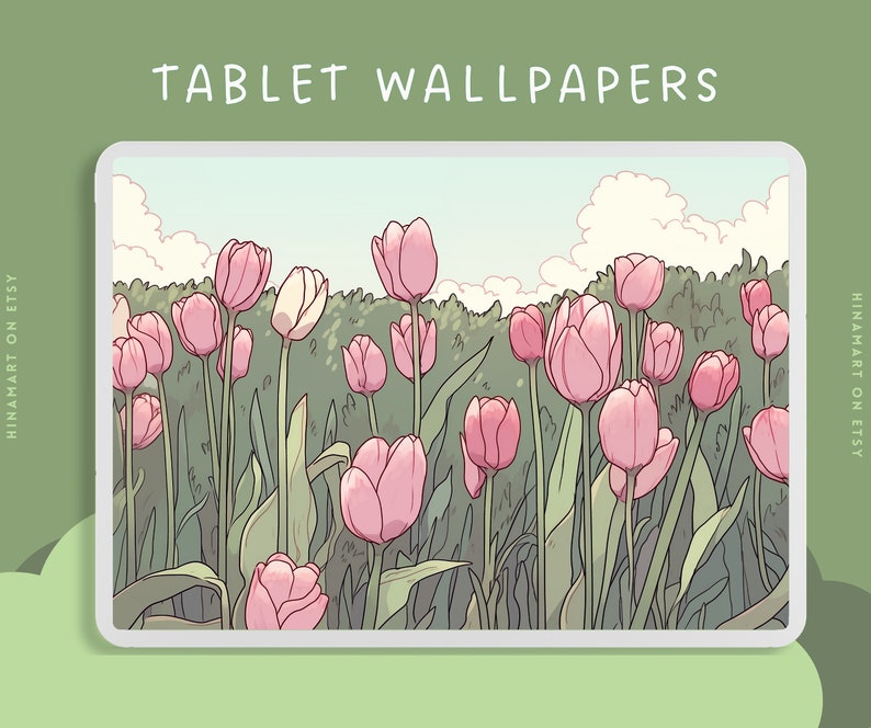 May include: A digital illustration of a field of pink tulips with green leaves and a blue sky with white clouds in the background. The image is suitable for use as a tablet wallpaper.