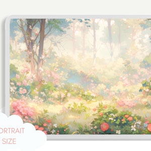 May include: A digital painting of a forest clearing with a soft, dreamy atmosphere. The trees are tall and slender, and the ground is covered in a carpet of pink and white flowers. The sunlight filters through the leaves, creating a dappled effect on the ground.
