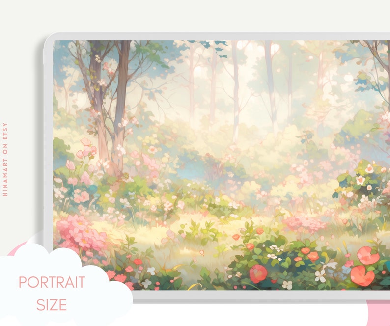 May include: A digital painting of a forest clearing with a soft, dreamy atmosphere. The trees are tall and slender, and the ground is covered in a carpet of pink and white flowers. The sunlight filters through the leaves, creating a dappled effect on the ground.