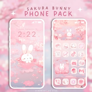 Sakura bunny phone pack ios icons android theme icon pack cute pink phone icons wallpapers kawaii pastel background lockscreen aesthetic