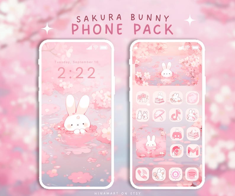 May include: A phone screen displays a pink Sakura Bunny theme. The lock screen shows a bunny in a pink floral scene. The home screen features bunny-themed app icons. Text at the top reads "Sakura Bunny Phone Pack."