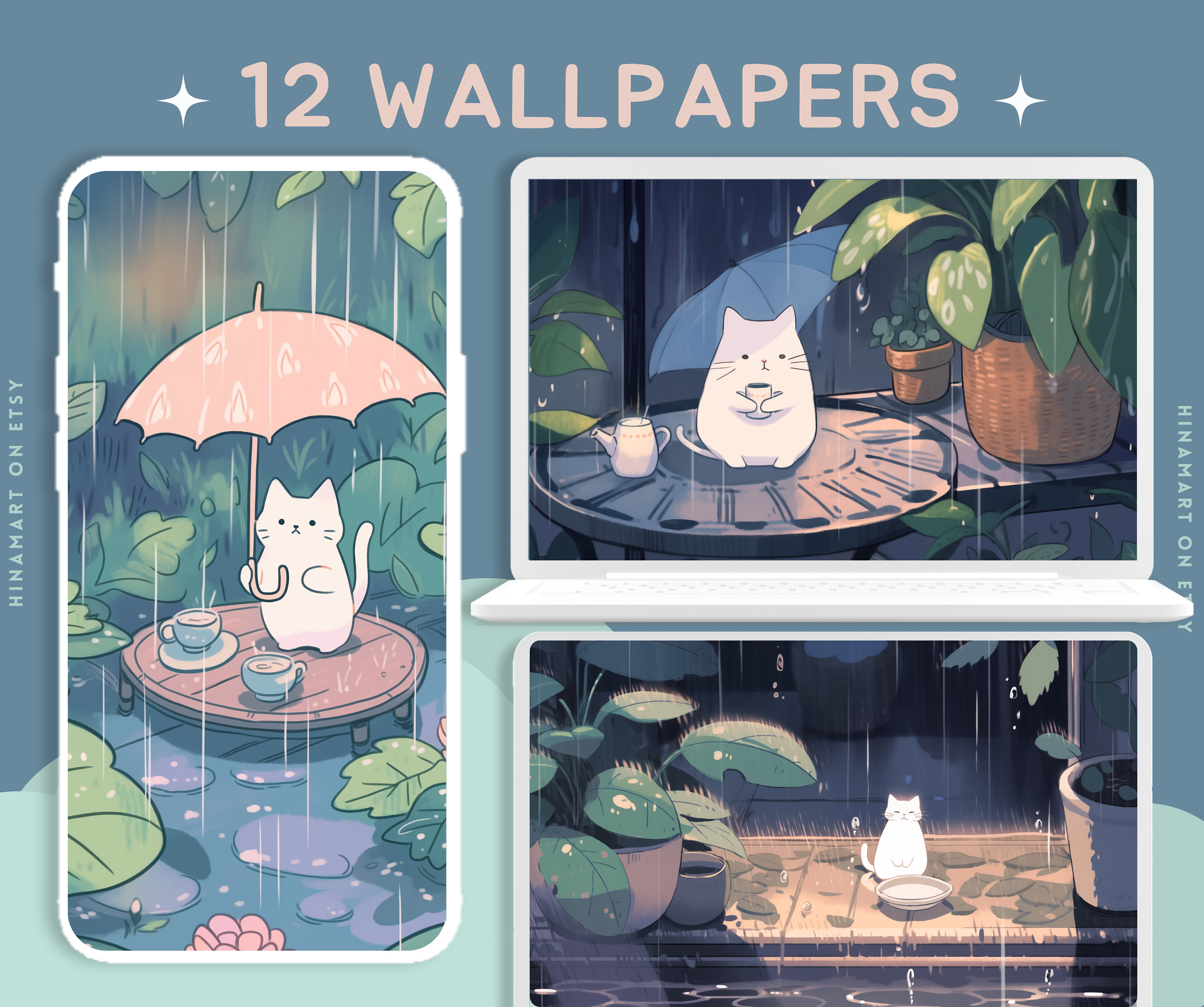 Mignons chats pluvieux papier peint plantes papier peint livres papier peint papier peint de bureau kawaii papiers peints lofi papiers peints fantaisi