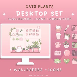 Gato Planta Computadora Organizador de escritorio Conjunto Fondos de pantalla Iconos Gatos Plantas Tema Fondo Lindo Escritorio Rosa Kawaii Gato Carpeta Icono Estética