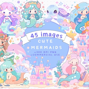 Cute Mermaids Clipart Bundle PNG, Little Sea Animals Clipart, Ocean, Dolphin, Kids Birthday Art, Underwater Graphics, Whimsical Creatures