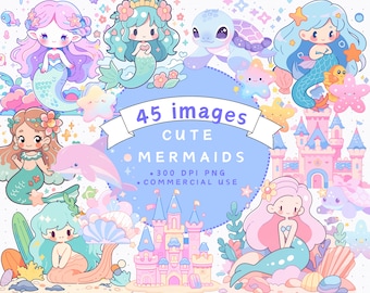 Cute Mermaids Clipart Bundle PNG, Little Sea Animals Clipart, Ocean, Dolphin, Kids Birthday Art, Underwater Graphics, Whimsical Creatures