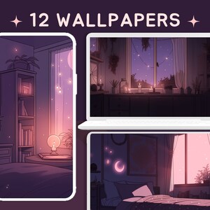 May include: A set of 12 digital phone and laptop wallpapers featuring a cosy bedroom scene with a bookshelf, a bed, and a window with a view of a starry night sky. The colours are soft and calming, with shades of purple, pink, and blue.