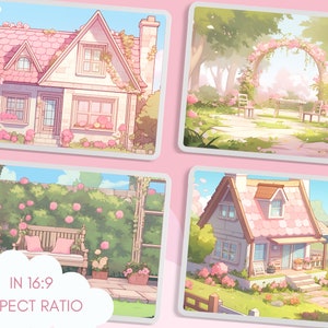 May include: Four illustrations of a pink and white cottage with a pink roof, surrounded by flowers and greenery. The illustrations are in a 16:9 aspect ratio.