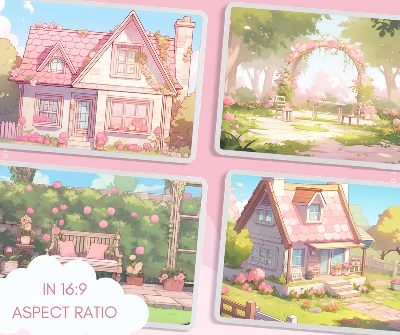May include: Four illustrations of a pink and white cottage with a pink roof, surrounded by flowers and greenery. The illustrations are in a 16:9 aspect ratio.