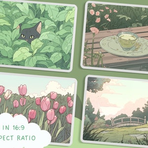 May include: A digital illustration of four different scenes. The first scene shows a black cat hiding in green bushes. The second scene shows a wooden table with a cup of green tea and a plate of green tea leaves. The third scene shows a field of pink tulips. The fourth scene shows a bridge over a stream in a green forest.