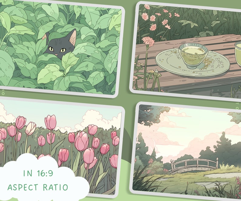 May include: A digital illustration of four different scenes. The first scene shows a black cat hiding in green bushes. The second scene shows a wooden table with a cup of green tea and a plate of green tea leaves. The third scene shows a field of pink tulips. The fourth scene shows a bridge over a stream in a green forest.