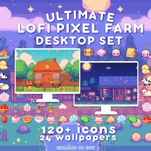 Puede incluir: Un conjunto de escritorio de píxeles que presenta una escena de granja con una casa, árboles y animales. El conjunto incluye más de 120 iconos y 24 fondos de pantalla. El texto "ULTIMATE LOFI PIXEL FARM DESKTOP SET" está en la parte superior de la imagen.