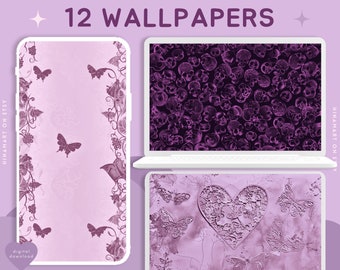 May include: Digital download of 12 wallpapers. The image shows a phone, laptop, and tablet displaying different designs. The phone features a pink background with butterflies and vines. The laptop displays a pattern of purple skulls. The tablet shows butterflies and a heart.