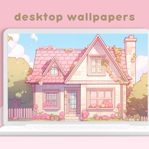May include: A digital illustration of a pink and white house with a green roof and a white picket fence. The house is surrounded by green trees and bushes. The image is displayed on a laptop screen. The text "desktop wallpapers" is displayed above the laptop screen.