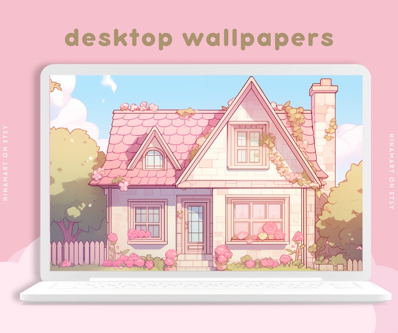 May include: A digital illustration of a pink and white house with a green roof and a white picket fence. The house is surrounded by green trees and bushes. The image is displayed on a laptop screen. The text "desktop wallpapers" is displayed above the laptop screen.