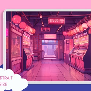 May include: A digital illustration of a pink and purple Japanese street scene with glowing red lanterns and vending machines. The text on the sign reads "都市伝説" which translates to "Urban Legend".