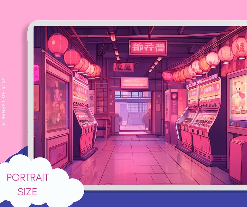 May include: A digital illustration of a pink and purple Japanese street scene with glowing red lanterns and vending machines. The text on the sign reads "都市伝説" which translates to "Urban Legend".