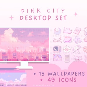 Conjunto de escritorio de ciudad rosa, fondos de pantalla estéticos de anime, fondo de pantalla de luna, organizador de escritorio, fondo de pantalla de cielo, lindos iconos, fondo de pantalla lofi, fondo de pantalla femenino