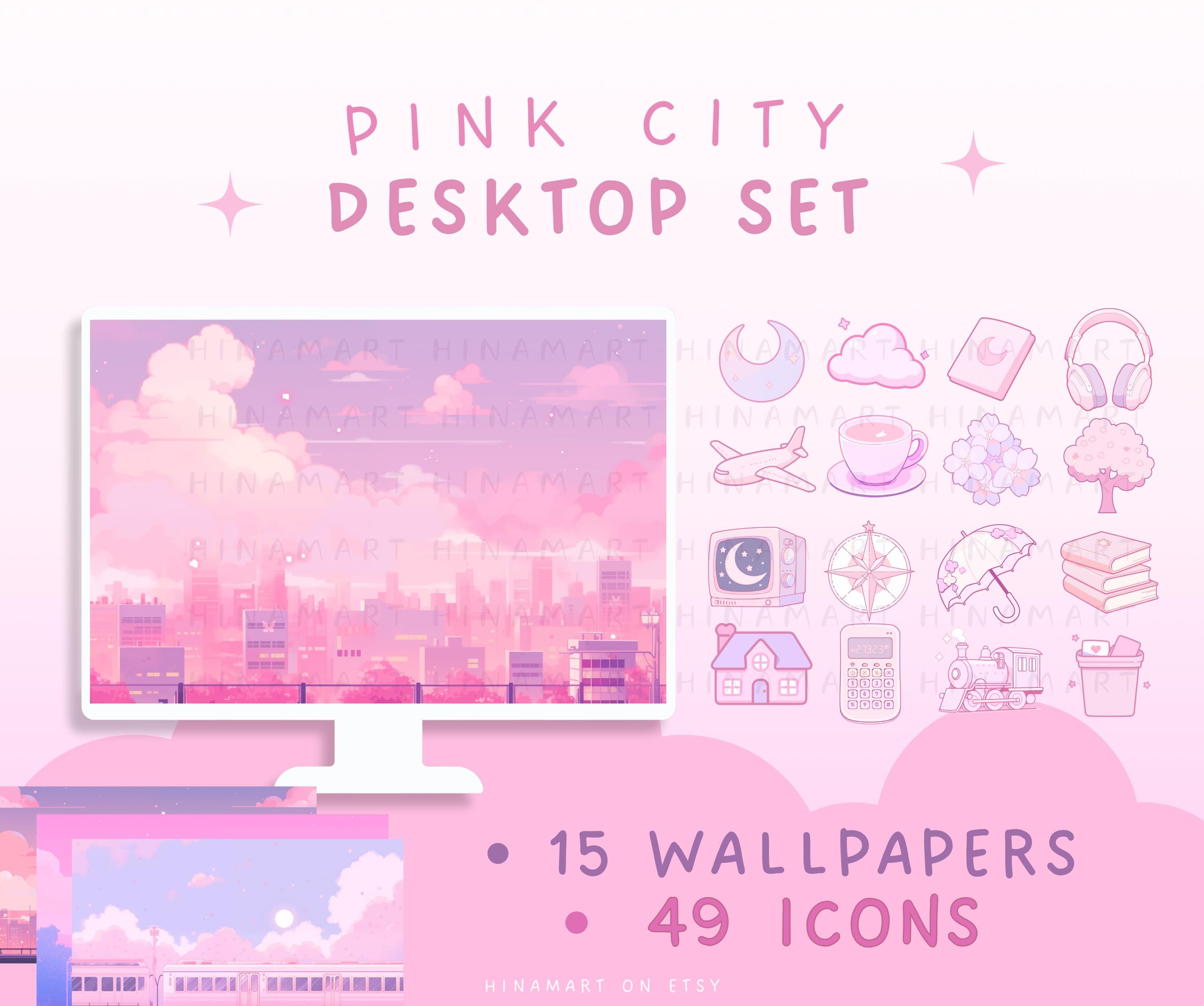 Pink city desktop set anime aesthetic wallpapers moon wallpaper desktop organizer sky wallpaper cute icons background lofi wallpaper girly