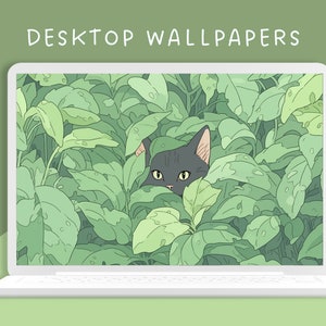 May include: A black cat peeks out from behind a wall of green leaves. The cat's eyes are visible, and the rest of its body is hidden. The background is a soft green.