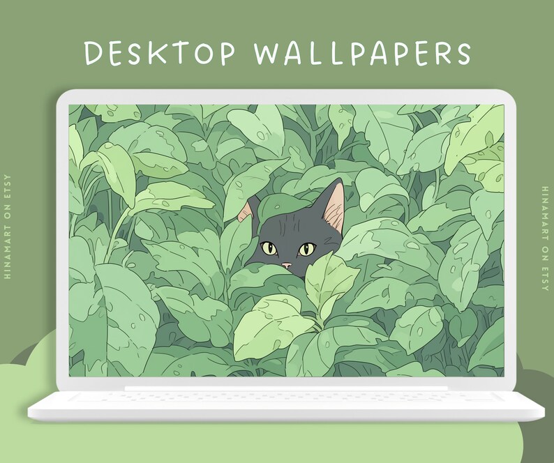 May include: A black cat peeks out from behind a wall of green leaves. The cat's eyes are visible, and the rest of its body is hidden. The background is a soft green.